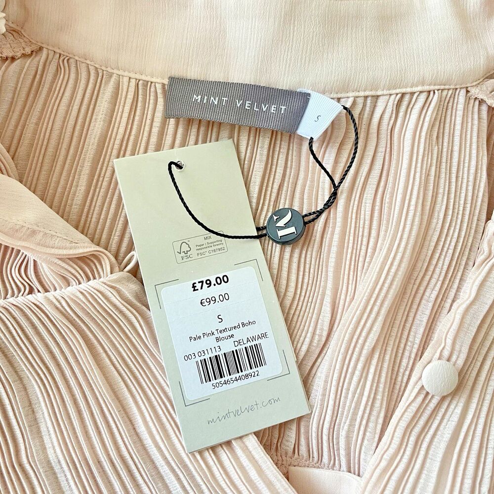 New Mint Velvet Blouse Size S Neutral Pink Crinkle Long Sleeve Elegant Pleated - Picture 5 of 7